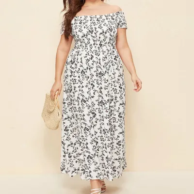 Women Plus Size Off-Shoulder Split Floral Print Casual Dress