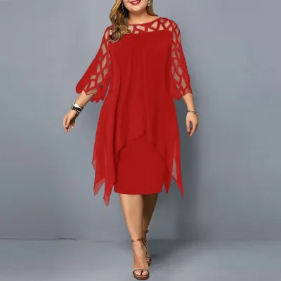 Women Plus Size Chiffon Solid Color Lace Stitching Long-Sleeve Dress Urban Wind