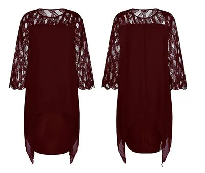 Women Plus Size Chiffon Solid Color Lace Stitching Long-Sleeve Dress Urban Wind