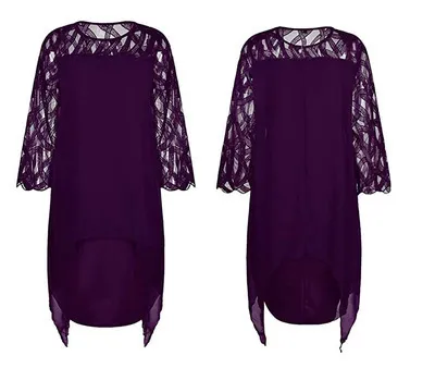Women Plus Size Chiffon Solid Color Lace Stitching Long-Sleeve Dress Urban Wind