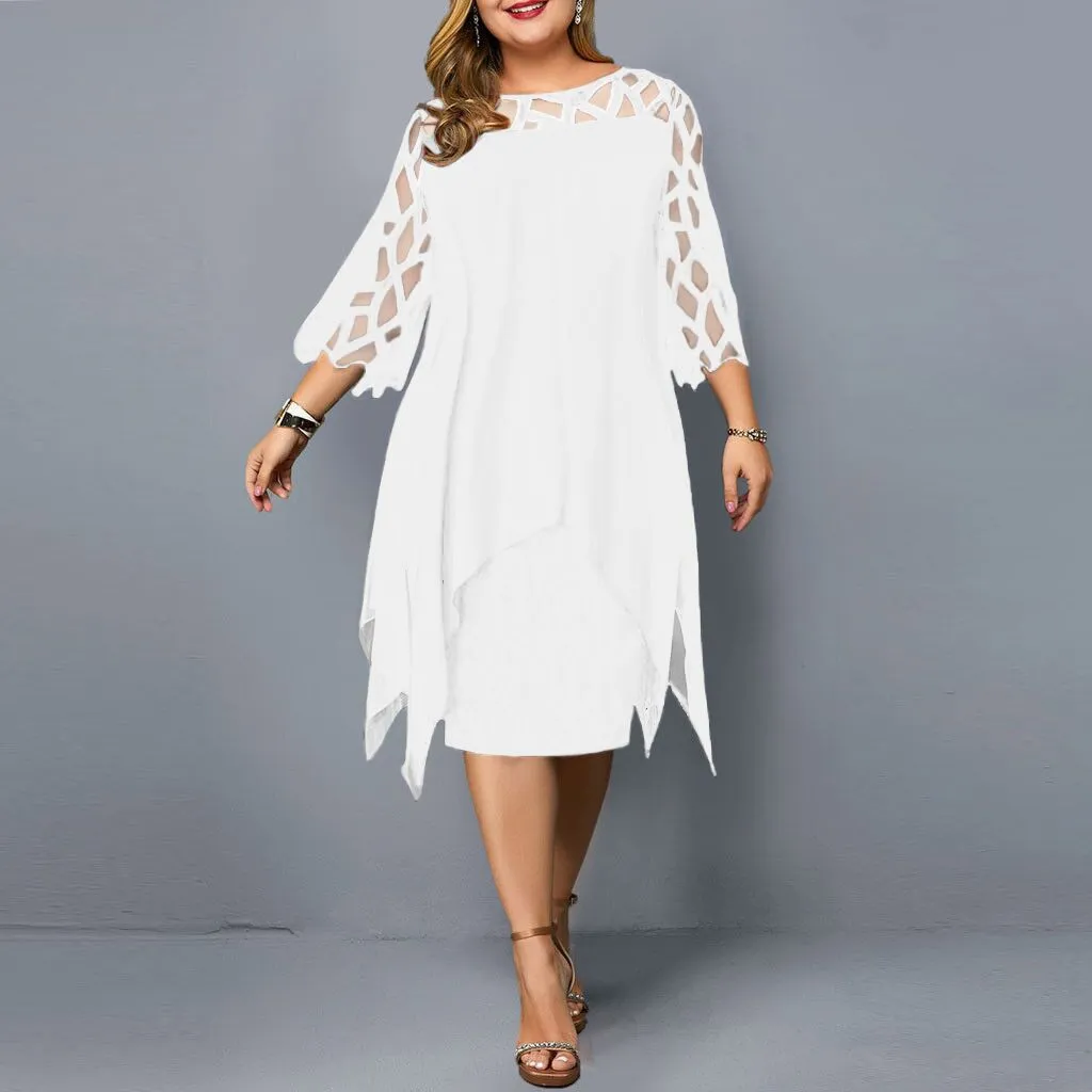 Women Plus Size Chiffon Solid Color Lace Stitching Long-Sleeve Dress Urban Wind