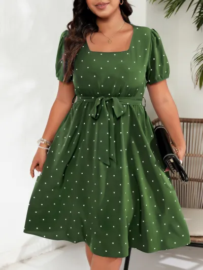 Women Plus Size Casual Elegant Wave Point Printed Square Neck Short-Sleeve Lace-Up Dress