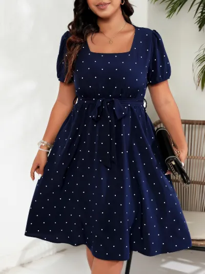 Women Plus Size Casual Elegant Wave Point Printed Square Neck Short-Sleeve Lace-Up Dress