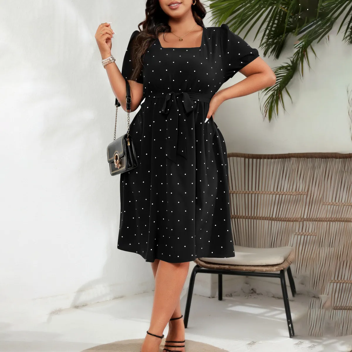 Women Plus Size Casual Elegant Wave Point Printed Square Neck Short-Sleeve Lace-Up Dress