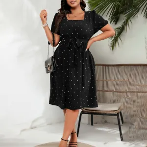 Women Plus Size Casual Elegant Wave Point Printed Square Neck Short-Sleeve Lace-Up Dress