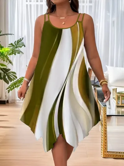 Women Fashion Casual Plus Size Printed Round Neck Sleeveless Asymmetrical Hem Dress