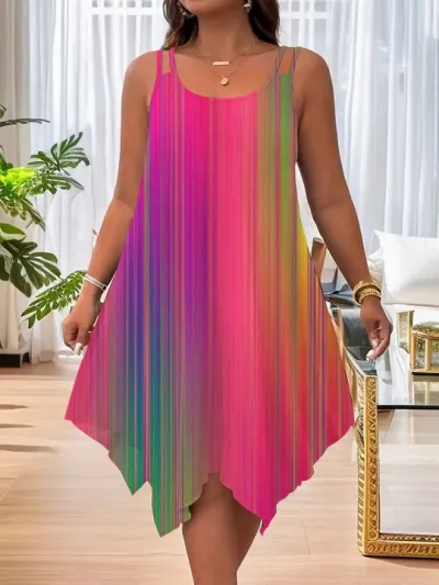 Women Fashion Casual Plus Size Printed Round Neck Sleeveless Asymmetrical Hem Dress