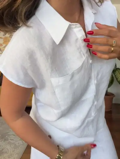Women Casual Plus Size Solid Color Cotton Linen Short-Sleeve Blouse Wide-Leg Pants Two-Piece Set