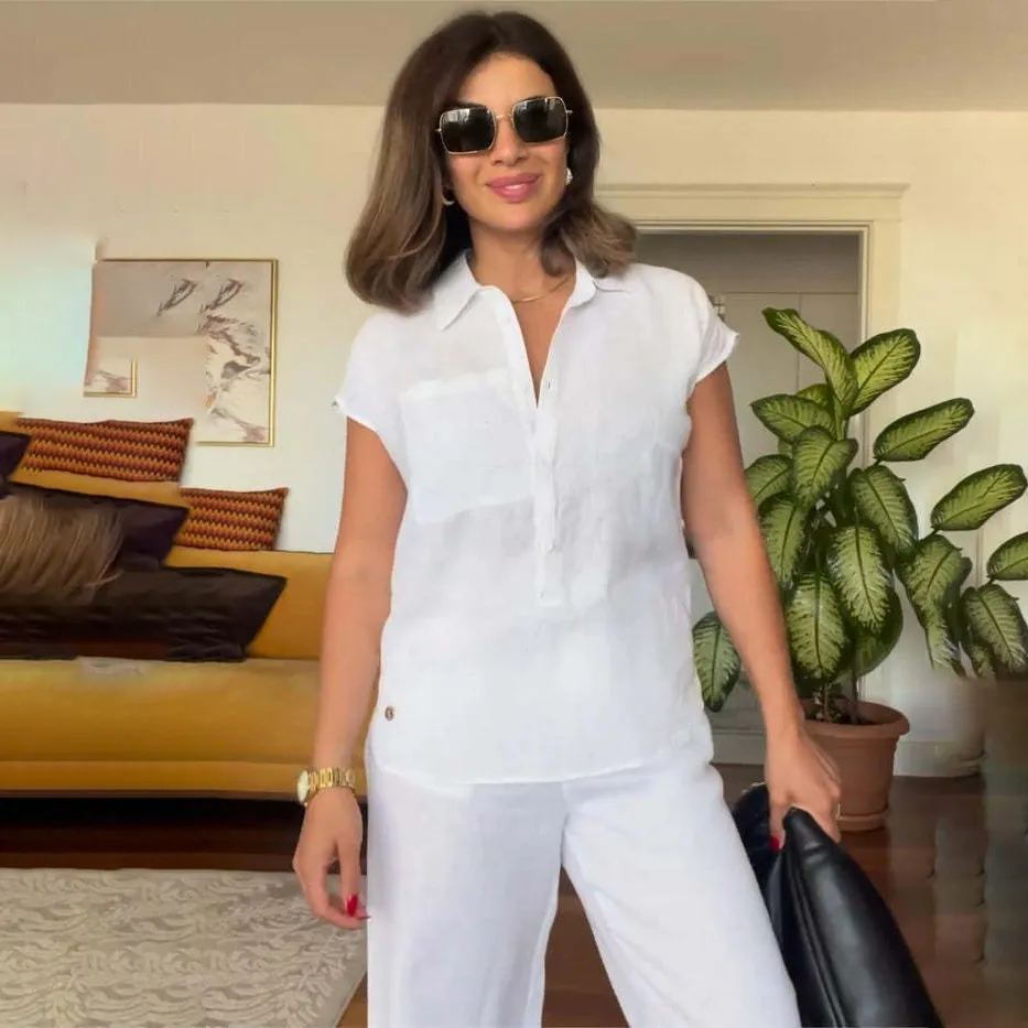 Women Casual Plus Size Solid Color Cotton Linen Short-Sleeve Blouse Wide-Leg Pants Two-Piece Set