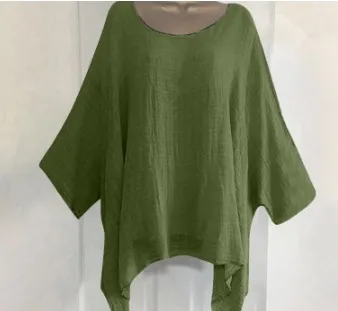 Women Casual Plus Size Solid Color Irregular Bat Sleeve Blouse