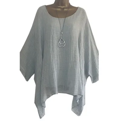 Women Casual Plus Size Solid Color Irregular Bat Sleeve Blouse