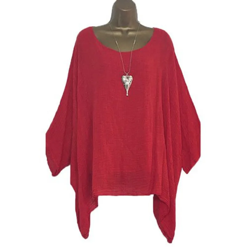 Women Casual Plus Size Solid Color Irregular Bat Sleeve Blouse