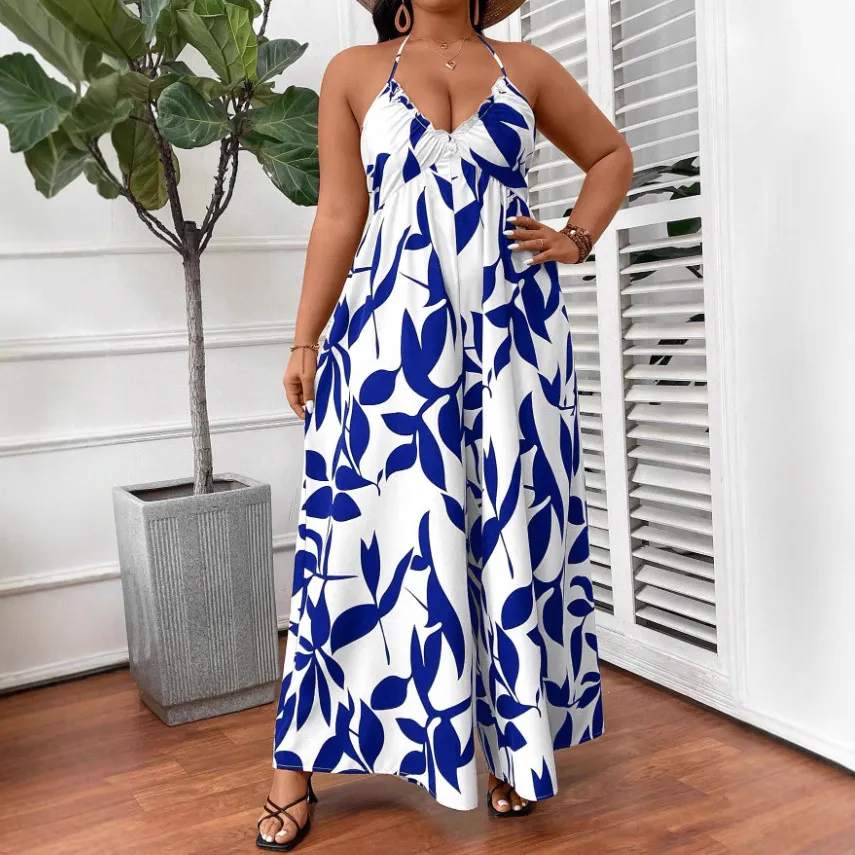 Women Casual Plus Size Printed Halter-Neck Lace-Up Loose Jumpsuits