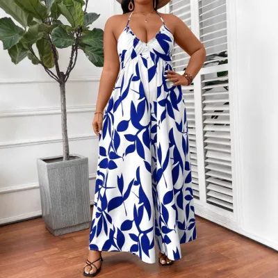 Women Casual Plus Size Printed Halter-Neck Lace-Up Loose Jumpsuits