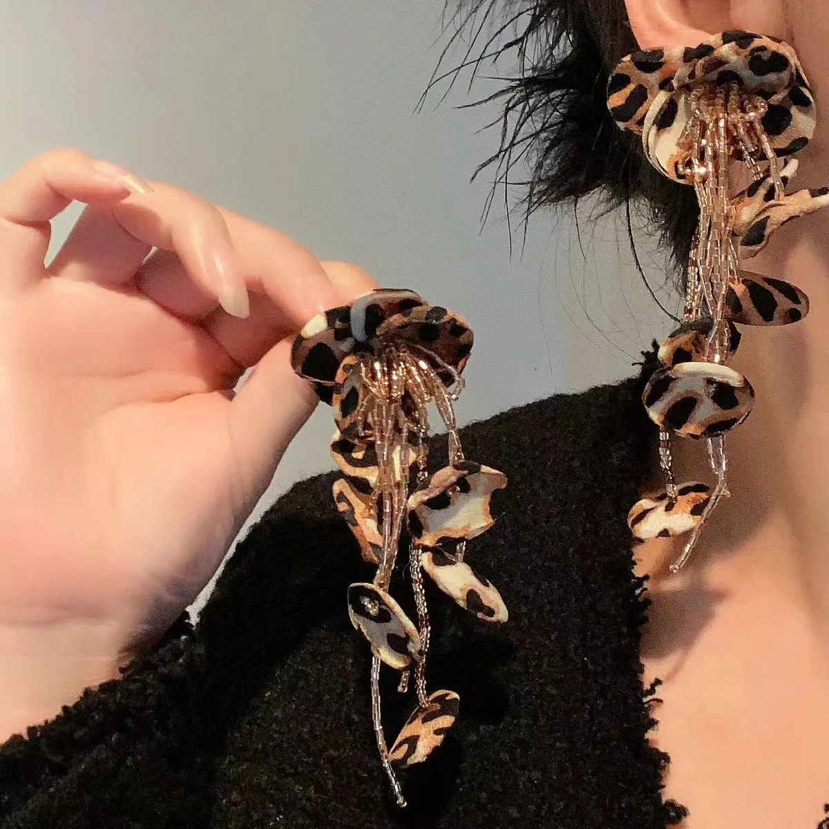 Fashion Exaggerated Leopard Floral Tassel Long Earrings