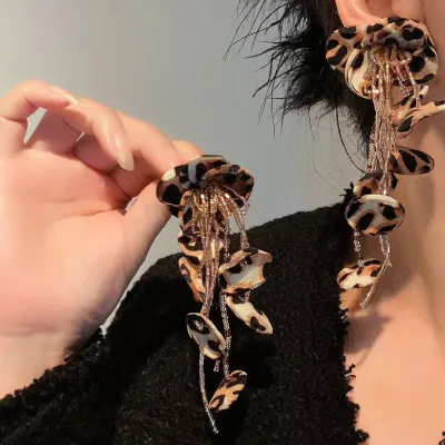Fashion Exaggerated Leopard Floral Tassel Long Earrings