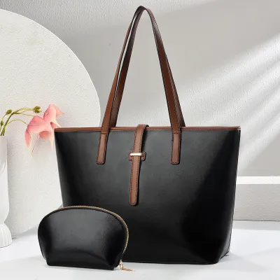 Women Fashion Casual Solid Color Large Capacity PU Tote Shoulder Bag Set