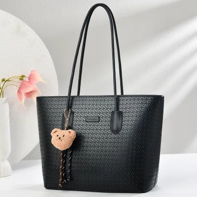 Women Fashion Casual Large Capacity PU Tote Bag with Bear Pendant