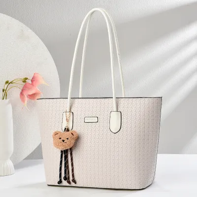 Women Fashion Casual Large Capacity PU Tote Bag with Bear Pendant