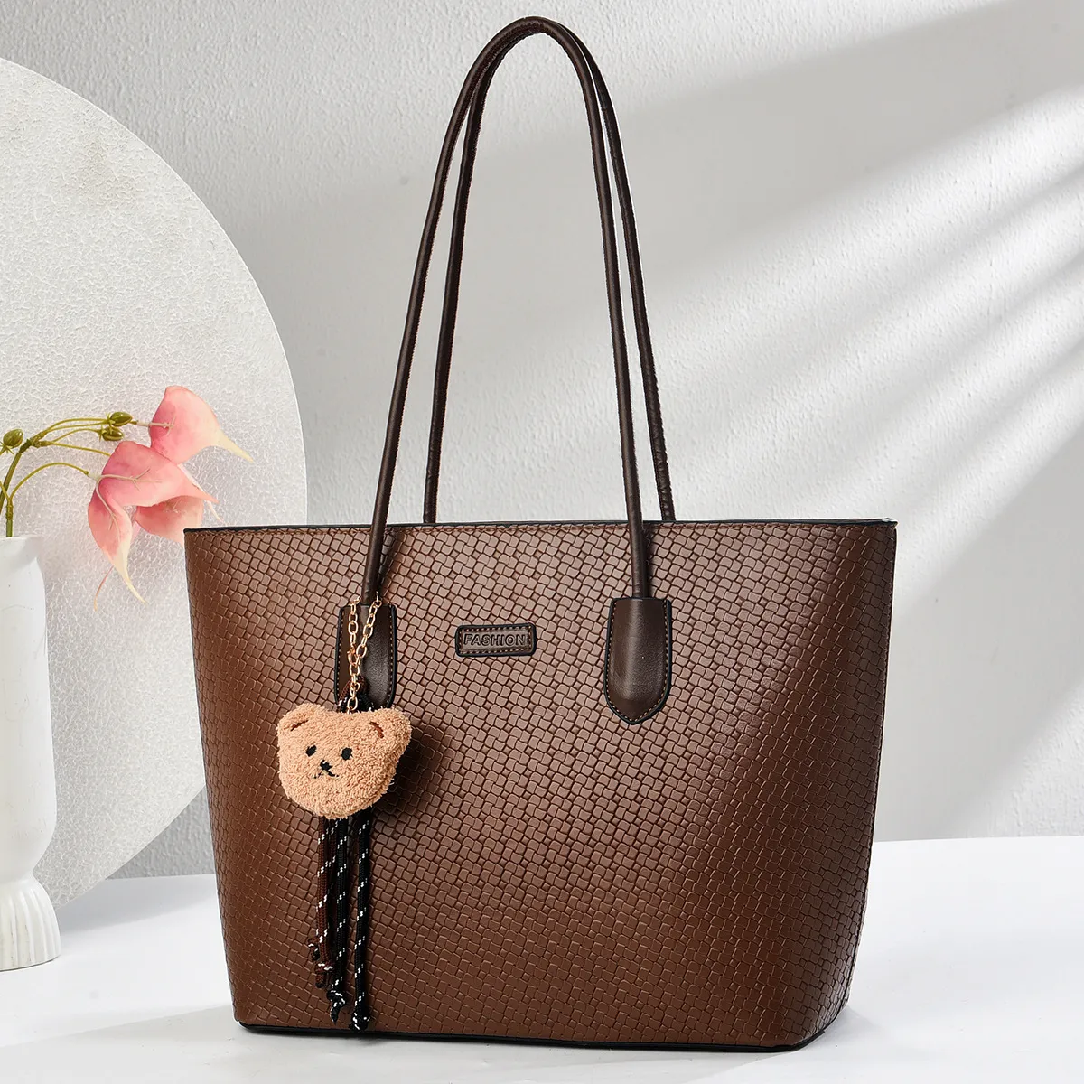 Women Fashion Casual Large Capacity PU Tote Bag with Bear Pendant