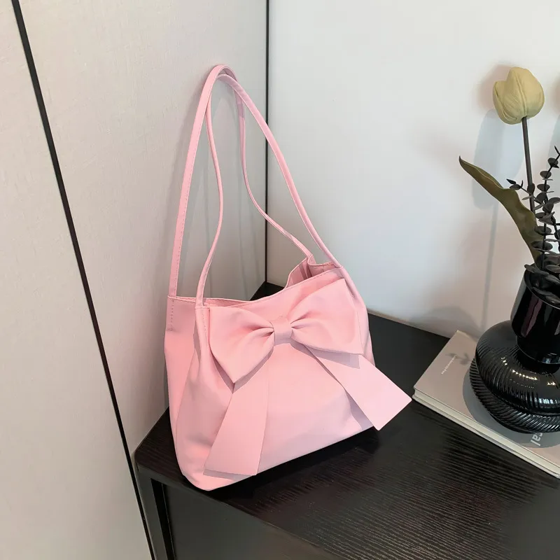Women Fashion Simple Solid Bowknot PU Tote Bag Large Capacity Shoulder Bags Street Trend