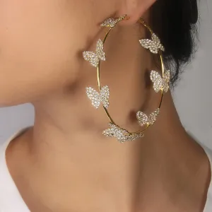 Fashion Exaggerated Rhinestone Butterfly Hoop Earrings