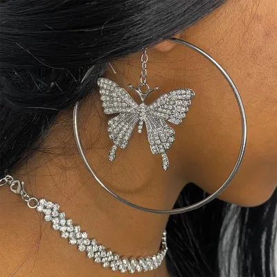 Exaggerated Fashion Rhinestone Butterfly Hoop Earrings