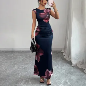 Women Sexy Floral Print Sleeveless Slim-Fit Maxi Dress