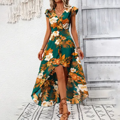 Women Fashion Casual Flower Printed V-Neck Short-Sleeve Split Dress