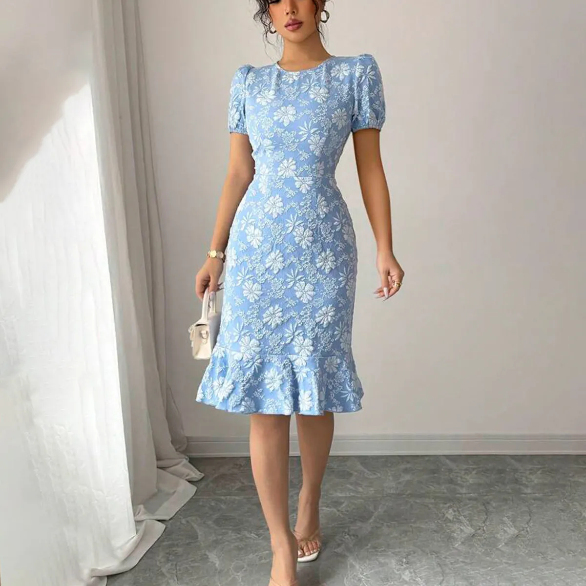 Women Elegant Flower Jacquard Short Sleeve Pleated Midi Dress