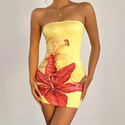Women Fashion Sexy Flower Printed Tube Top Bodycon Dress