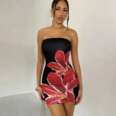 Women Fashion Sexy Flower Printed Tube Top Bodycon Dress