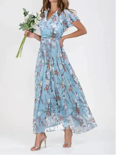 Women Fashion Casual Flower Printed Chiffon V-Neck Short-Sleeve Ruffled Maxi Dress