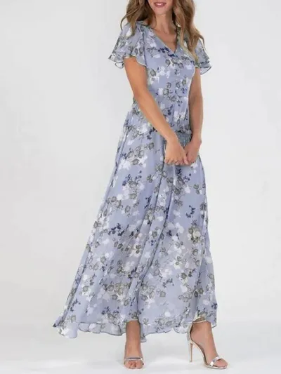 Women Fashion Casual Flower Printed Chiffon V-Neck Short-Sleeve Ruffled Maxi Dress
