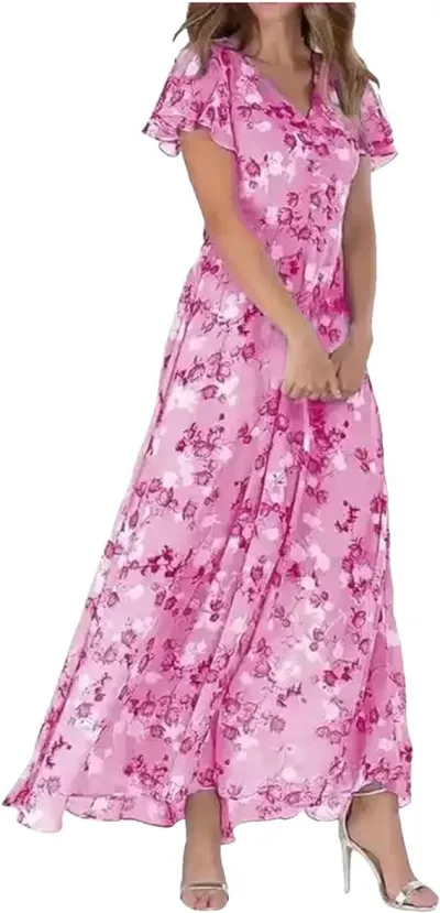 Women Fashion Casual Flower Printed Chiffon V-Neck Short-Sleeve Ruffled Maxi Dress