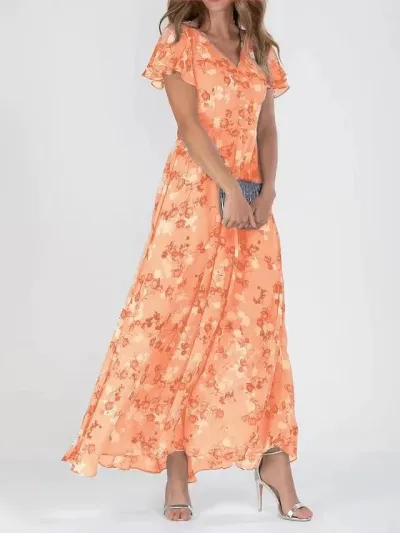 Women Fashion Casual Flower Printed Chiffon V-Neck Short-Sleeve Ruffled Maxi Dress