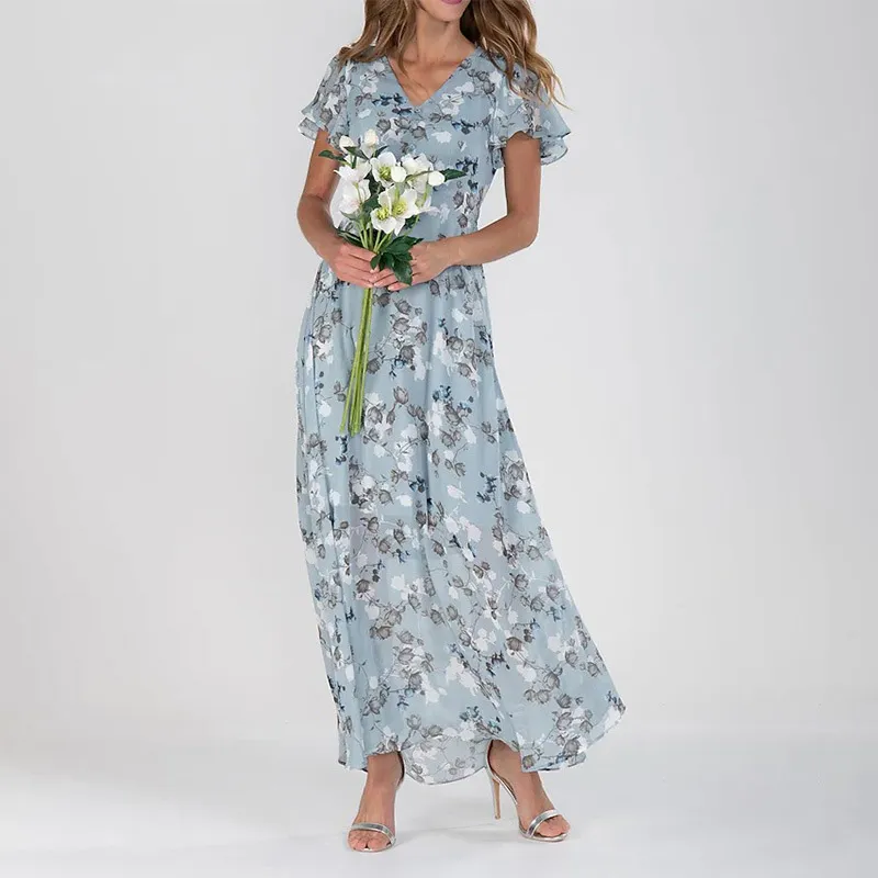 Women Fashion Casual Flower Printed Chiffon V-Neck Short-Sleeve Ruffled Maxi Dress