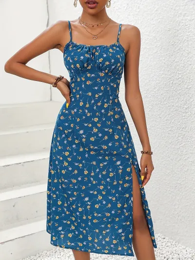 Women Sexy Spaghetti Strap Split Loose Dress with Tiny Flower Print