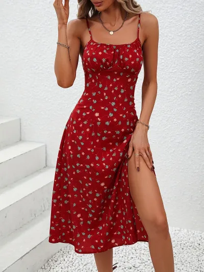Women Sexy Spaghetti Strap Split Loose Dress with Tiny Flower Print