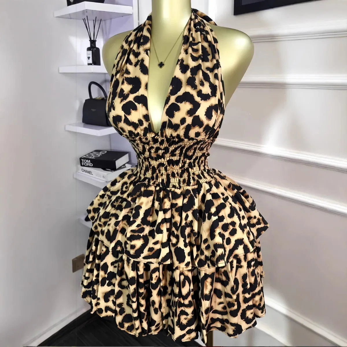Women Fashion Sexy Leopard Halter-Neck Sleeveless Pleated Puffy Dress