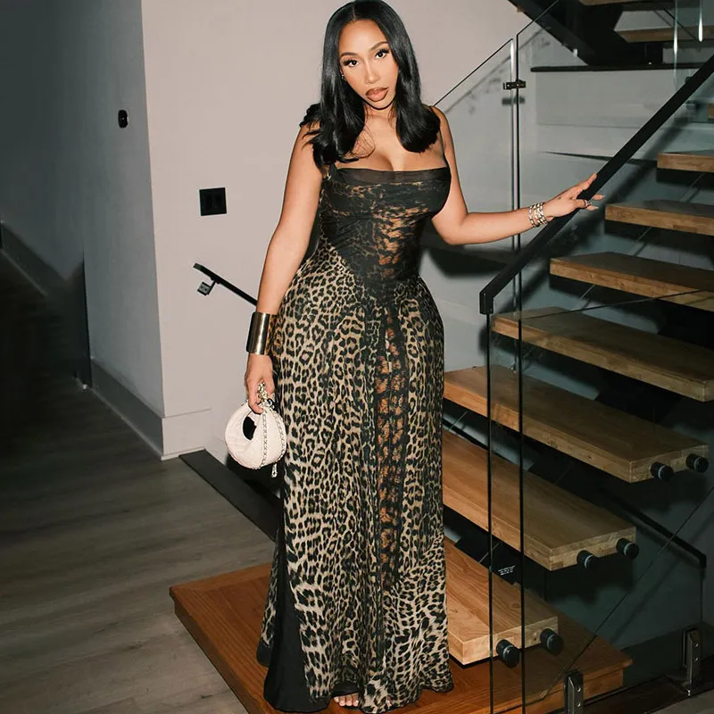 Women Fashion Sexy Leopard Printed Spaghetti Strap High Waist Slim-Fit Dress