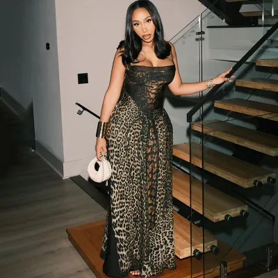 Women Fashion Sexy Leopard Printed Spaghetti Strap High Waist Slim-Fit Dress