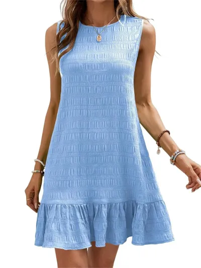 Women's Casual Sleeveless A-Line Dress - Solid Color Round Neck Mini Dress