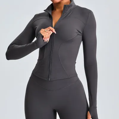 Women Casual Solid Color Long Sleeve Zipper Yoga Sports Jacket