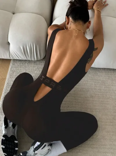 Women Fashion Sexy Solid Color Sleeveless Backless Seamless Yoga Jumpsuit