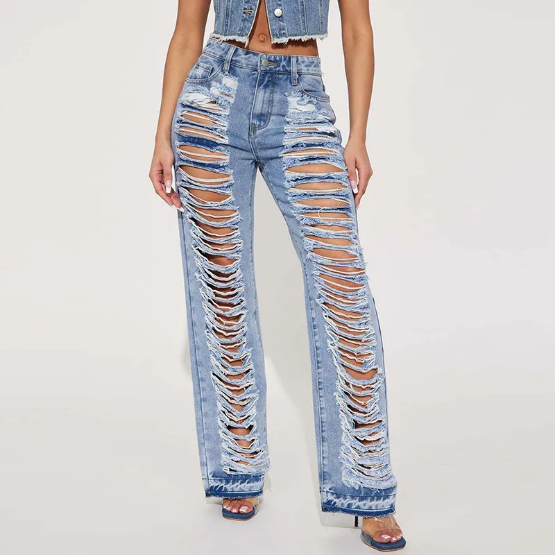 Women's Slim-Fit High Waist Ripped Micro-Straight Jeans with Micro-Stretch