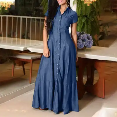 Plus Size Women Denim Maxi Dress with Shirt Collar and Pockets