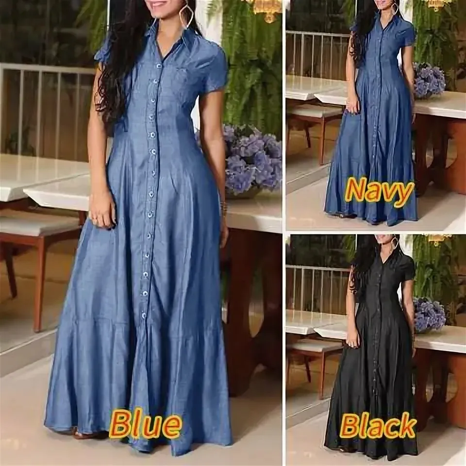 Plus Size Women Denim Maxi Dress with Shirt Collar and Pockets
