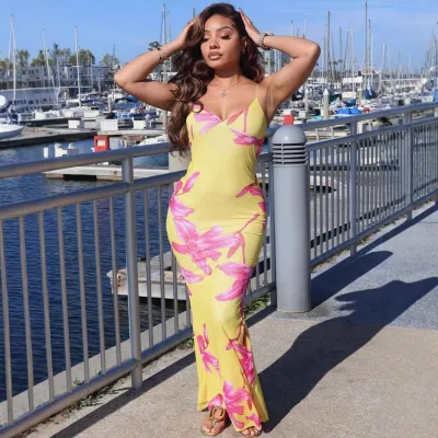 Women Sexy Fashion Flower Print Bodycon Maxi Dress