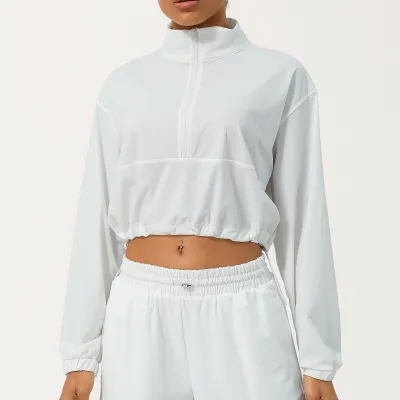 Women Casual Half Zipper High Collar Long-Sleeve Drawstring Sun Protection Yoga Jacket